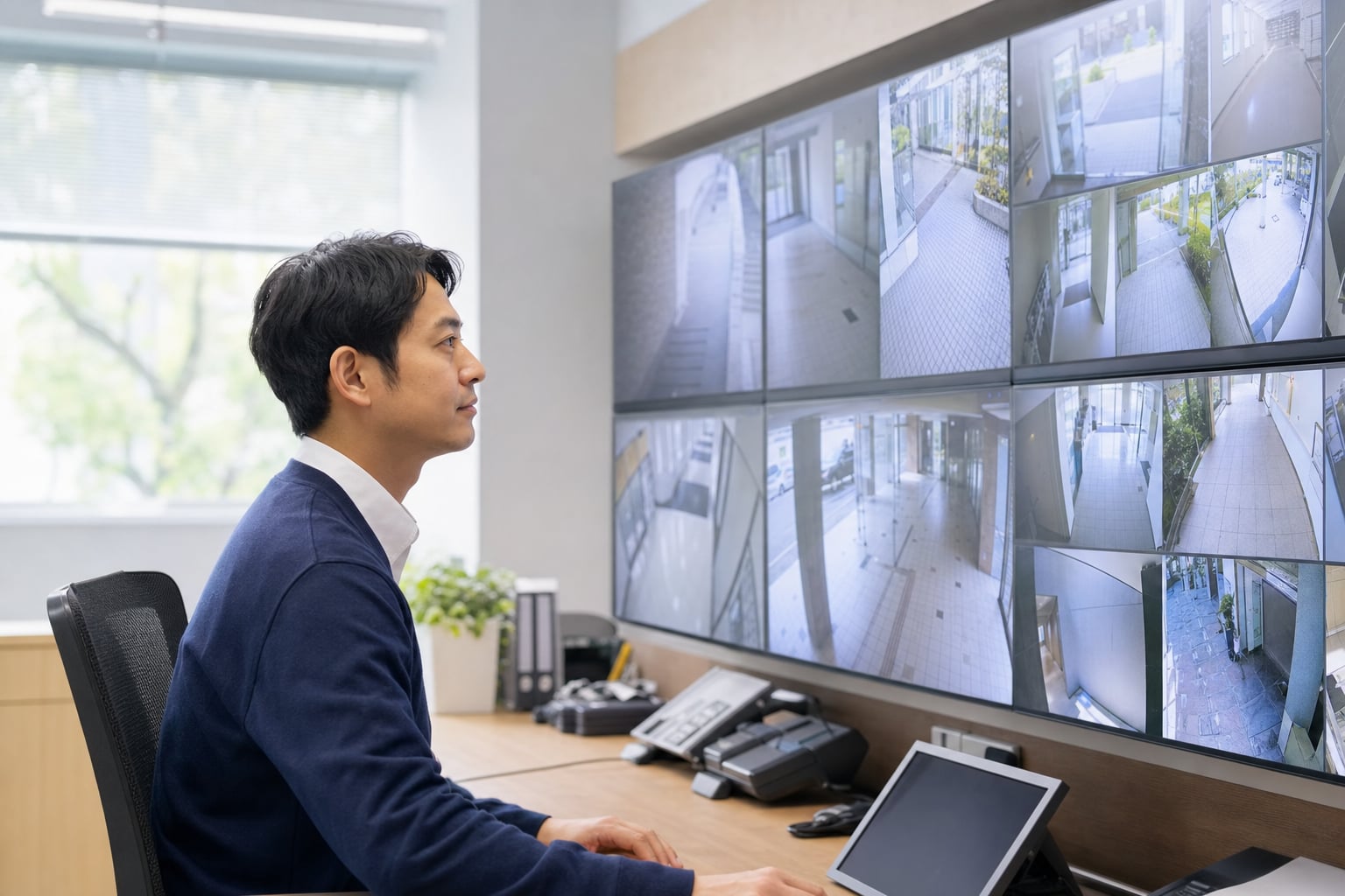 AIカメラの映像を監視するモニター室