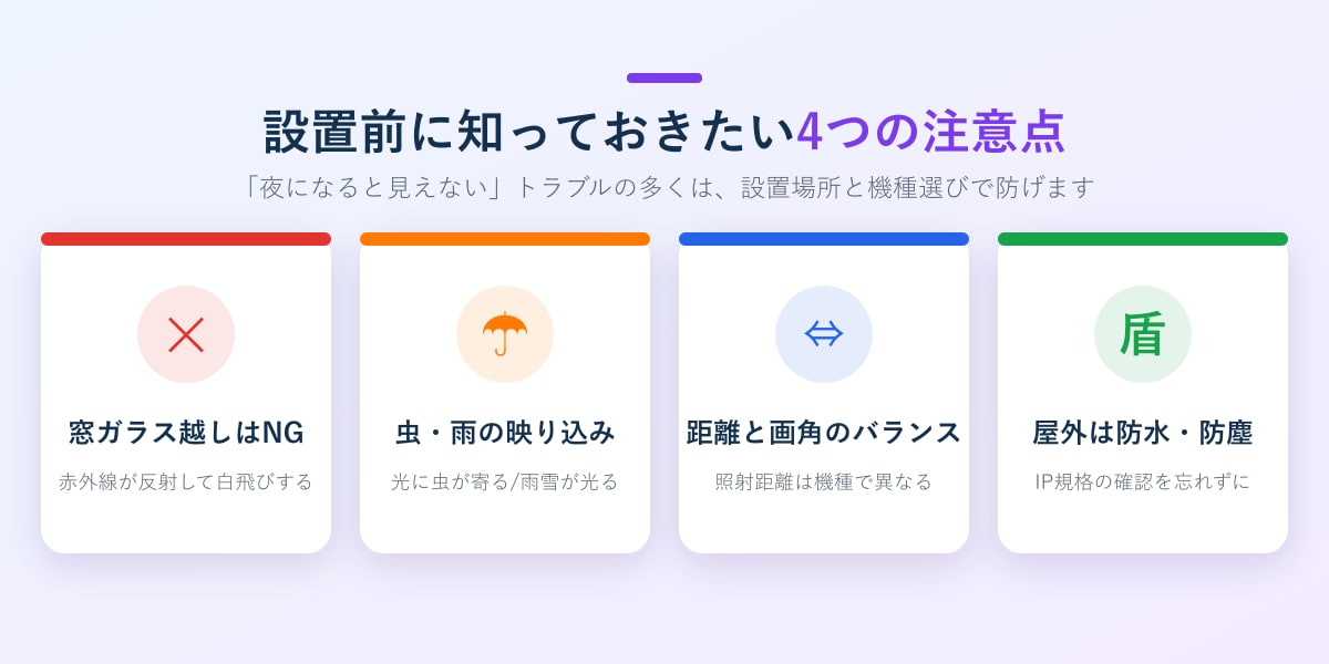 赤外線カメラ設置の注意点4つ(窓ガラス越しNG・虫や雨の映り込み・距離と画角・防水防塵)