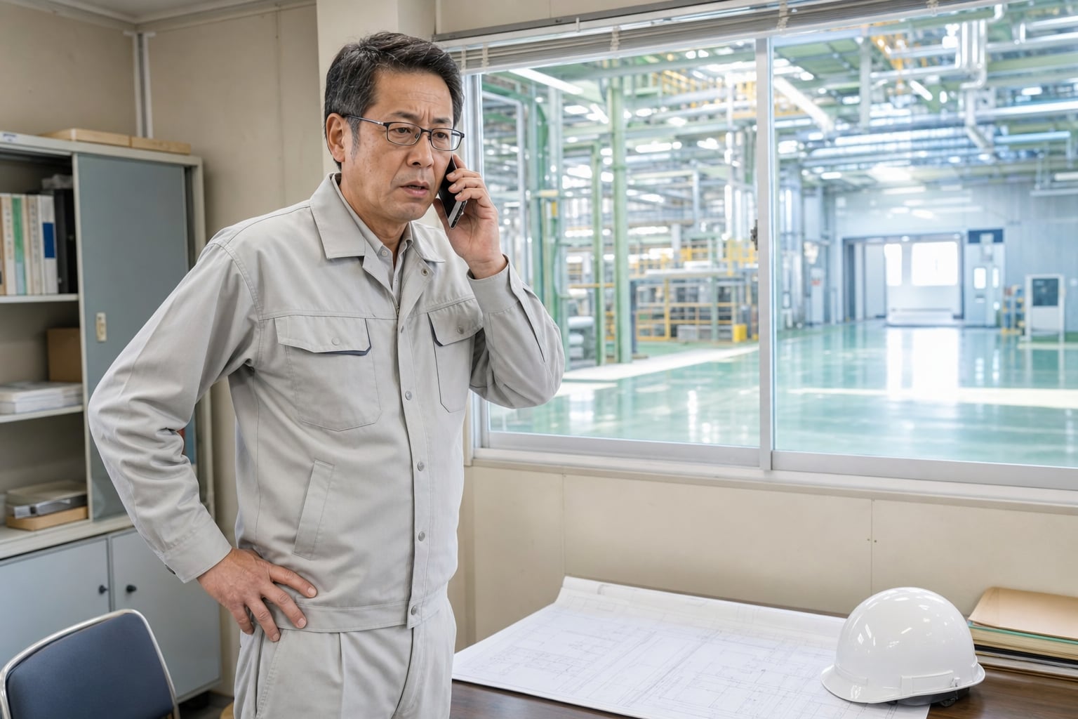 工場の工務室からレコーダーの不調について電話で相談する担当者