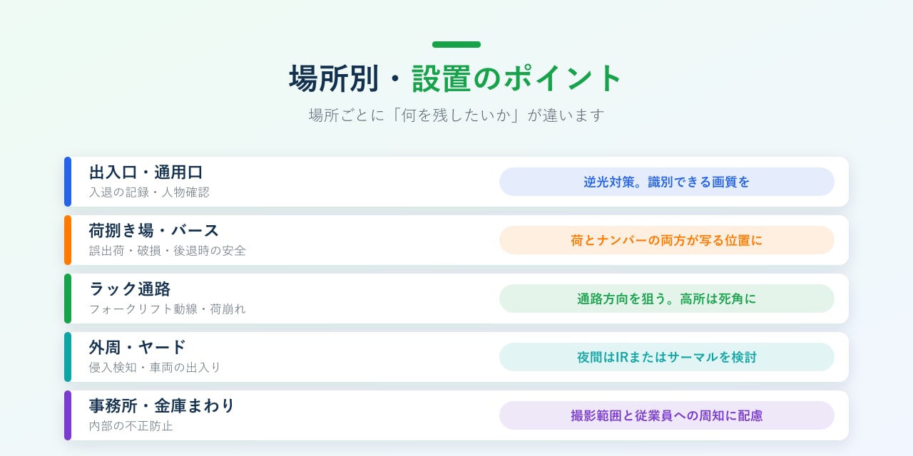 倉庫内の場所別・設置のポイント