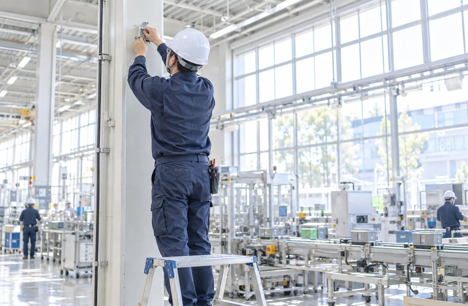 工場の製造ライン脇で、ヘルメットを着けた技術者が柱にネットワークカメラを設置している様子