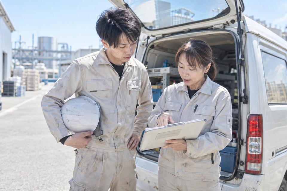 サービス車の前で点検の打ち合わせをする2名の技術者