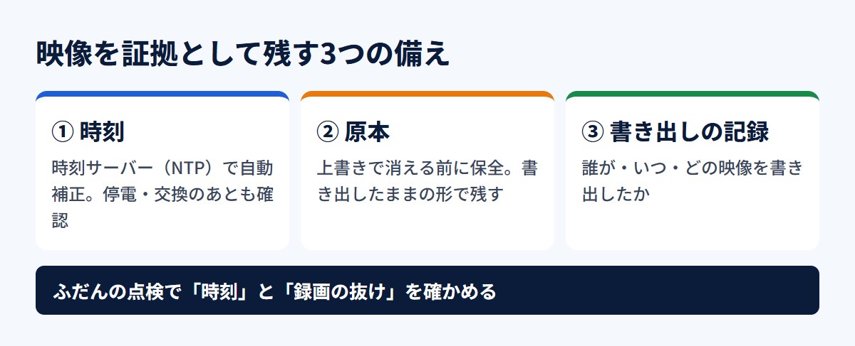 監視カメラの映像を証拠として残す3つの備え:時刻・原本・書き出しの記録