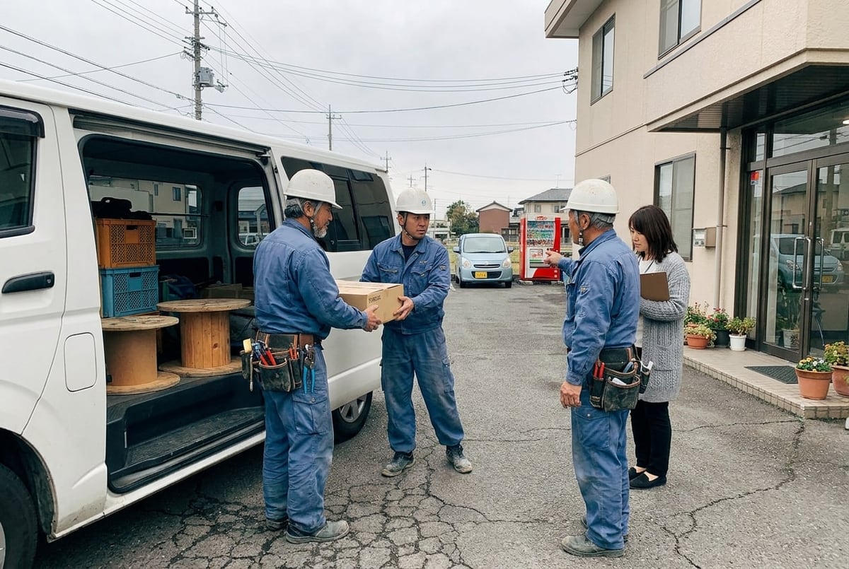 事務所の駐車場で、作業員とお客様の担当者が話している様子