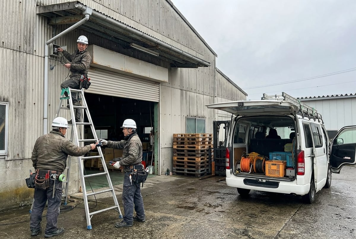 倉庫の軒先で脚立に上って配線作業をする作業員と、下で支える2人