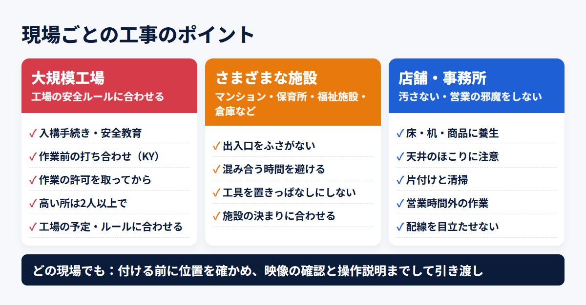 現場ごとの工事のポイント:大規模工場は安全ルールと予定に合わせる、さまざまな施設(マンション・保育所・福祉施設・倉庫など)は使う人の邪魔をしない、店舗・事務所は汚さない