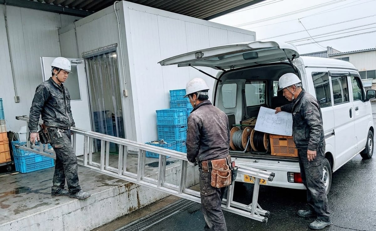 食品工場の搬入口で脚立を運ぶ作業員