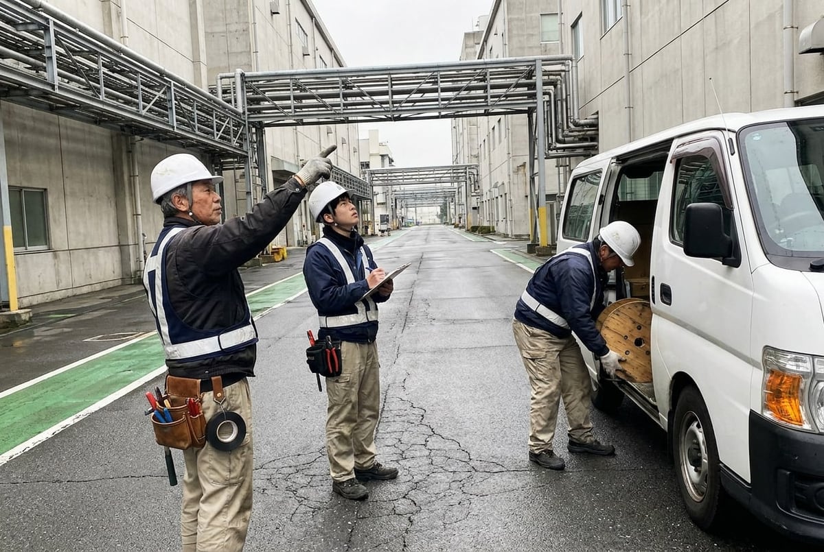 大規模工場の構内で、配管の架台を指さして説明する年配の作業員とメモを取る若手