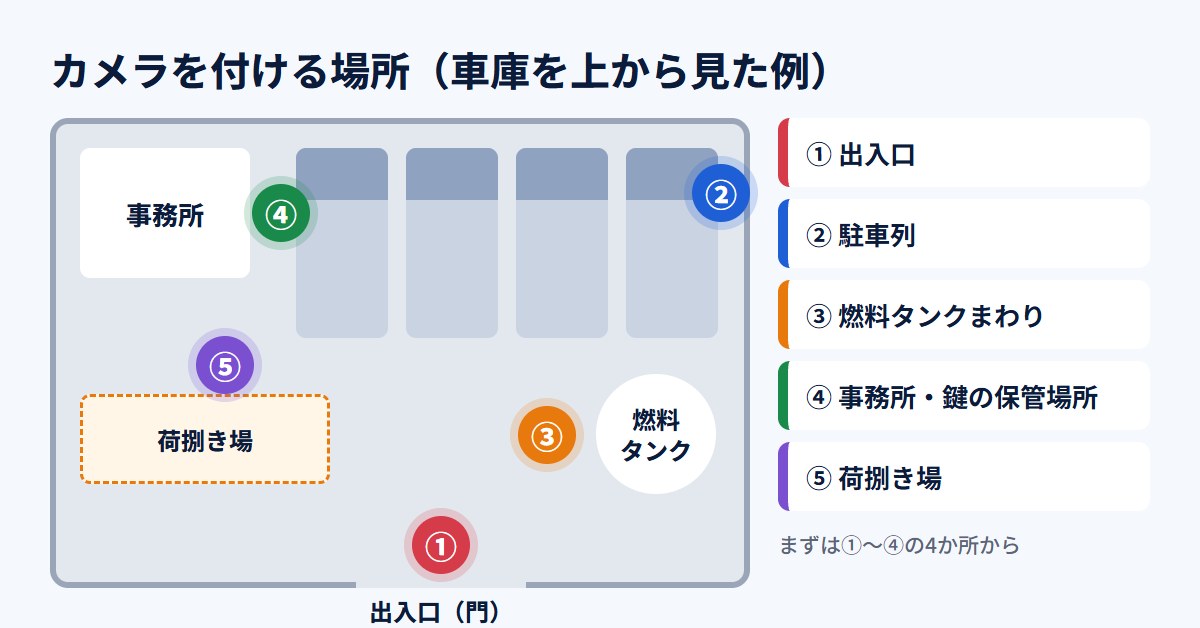 運送会社の車庫でカメラを付ける場所：出入口、駐車列、燃料タンクまわり、事務所・鍵の保管場所、荷捌き場